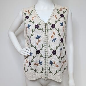90s Vintage Cream Multi Color Floral & Lattice Embroidered Zip Up Sweater Vest